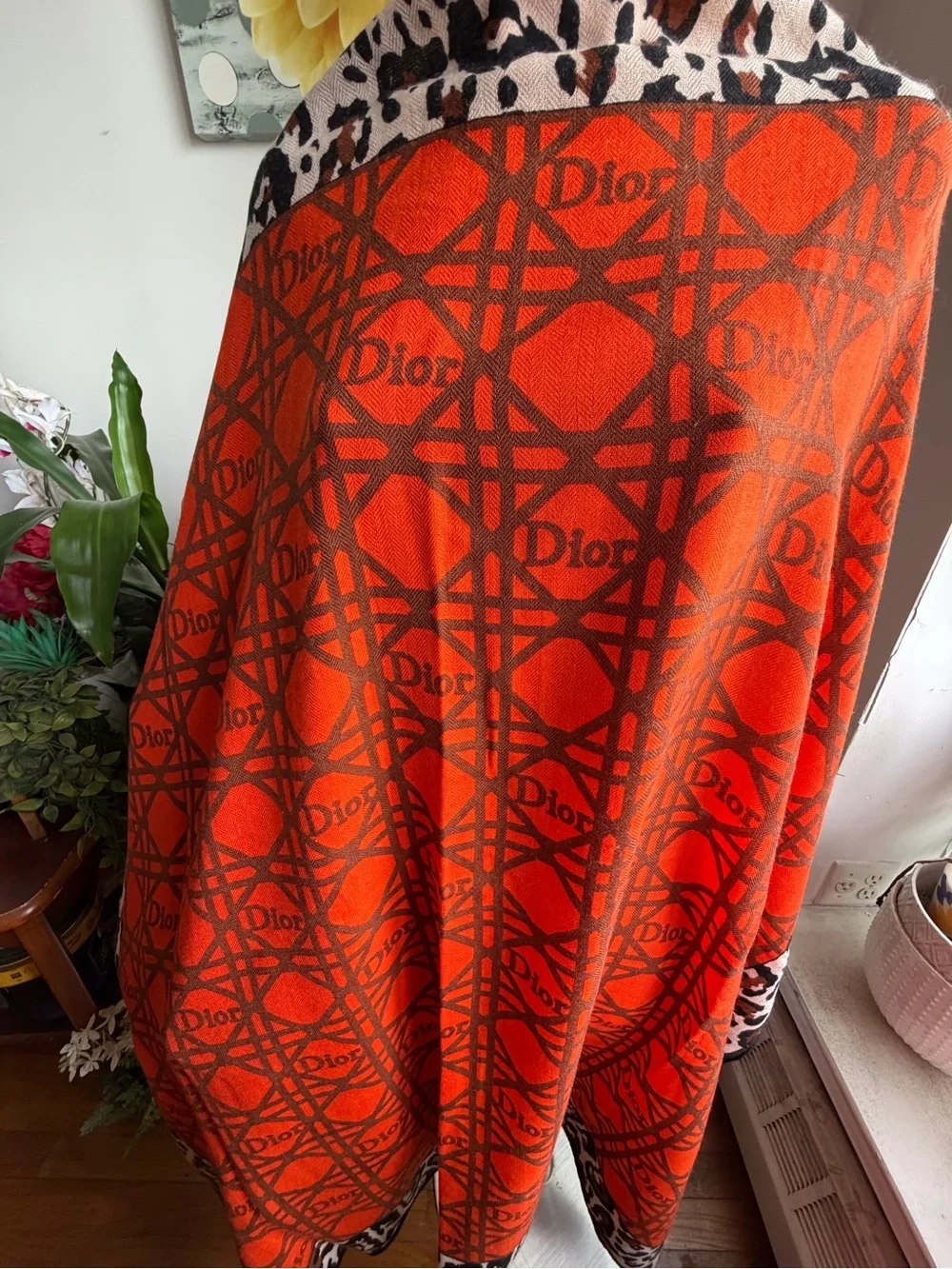 Dior Orange and Brown Logo Pattern Wool/Silk/Cashmere blend Scarf.